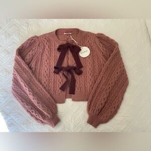 Storia Women's Rose Mauve Cropped Cable Knit Bow Ties Cropped Cardigan NWT Med